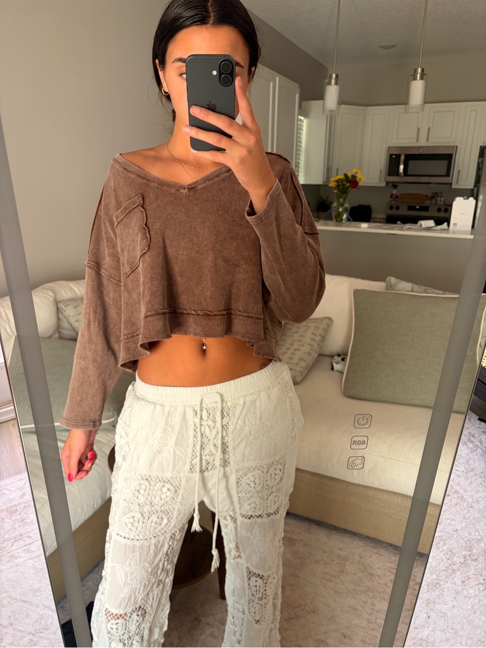 Altar'd State Brown V-Neck Cropped Sweater with Patch Pocket